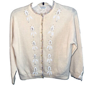 Vintage 1950s Lemon Yellow Beaded Cardigan Sweater STANDARD Kowloon Hong Kong